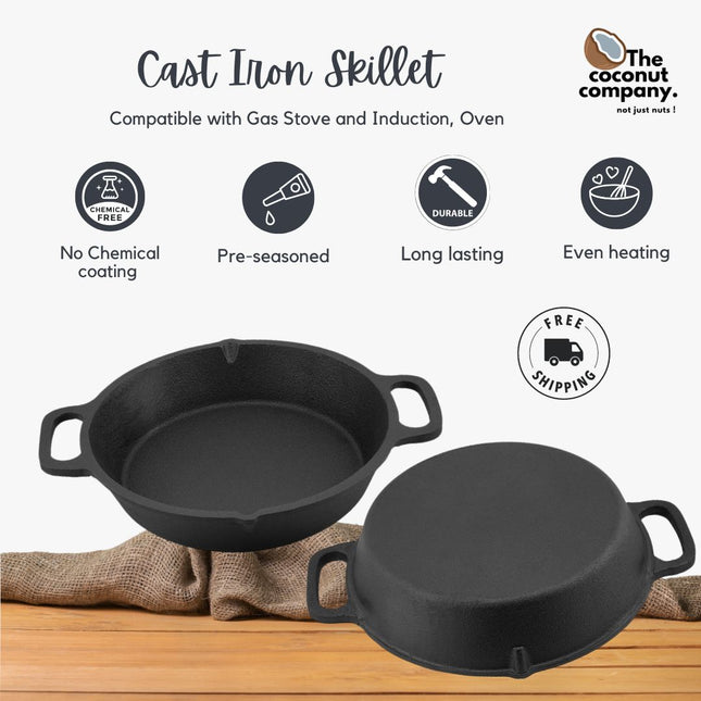 Cast Iron Skillet (10 Inch Dia) with 2 Side Handles Compatible with Gas Stove, Induction, Oven, Pre-Seasoned