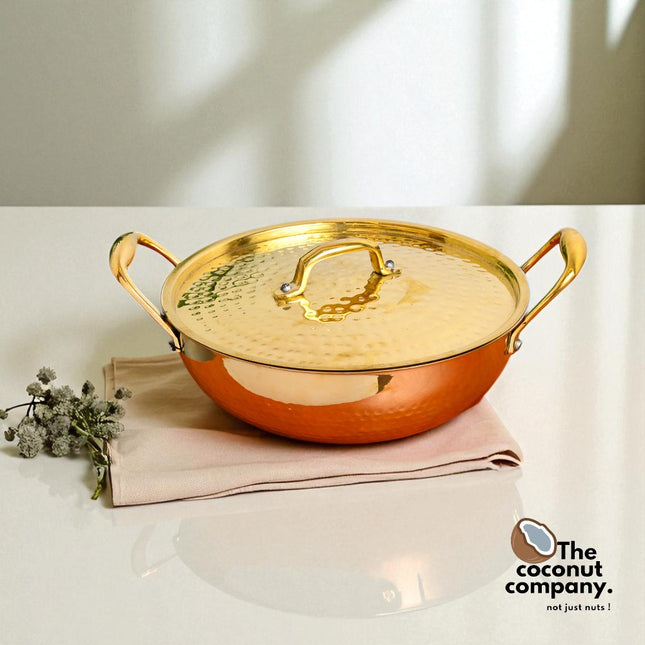 Handcrafted Pure Brass Hammered Kadai with Lid – 2 Litre | Traditional Kalai Cookware
