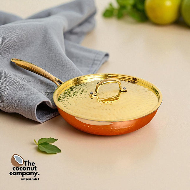 Handcrafted Pure Brass Polished Hammered Fry Pan with Lid | Traditional Kalai Cookware