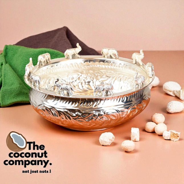 Silver-Coated Brass Uruli Bowl | Handcrafted Floral Design for Decor & Gifting