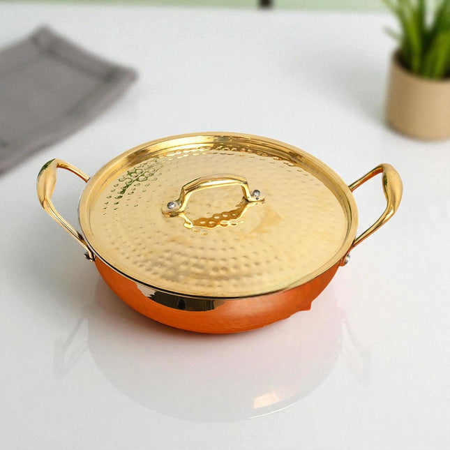 Handcrafted Pure Brass Hammered Kadai with Lid – 2 Litre | Traditional Kalai Cookware