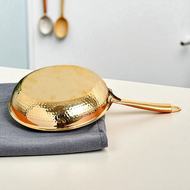 Handcrafted Pure Brass Polished Hammered Fry Pan with Lid | Traditional Kalai Cookware