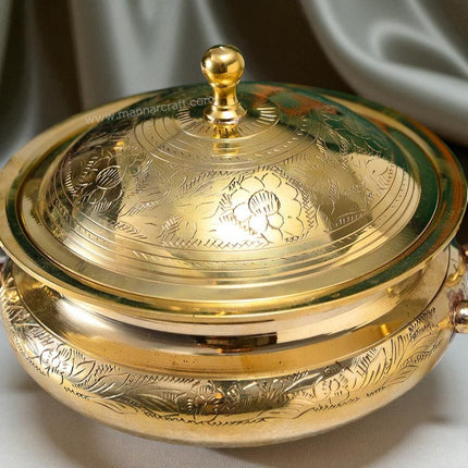 Handcrafted Brass Serving Bowl Mughlai Design with Lid