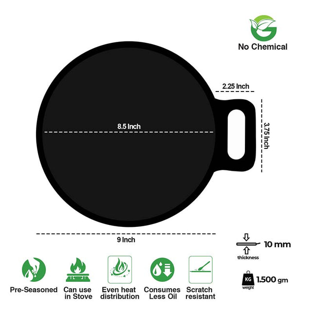 Pre-Seasoned Cast Iron Tawa Cookware with Flat Bottom (Black), Ready to Use, for Roti/Paratha/Dosa/Uttapam