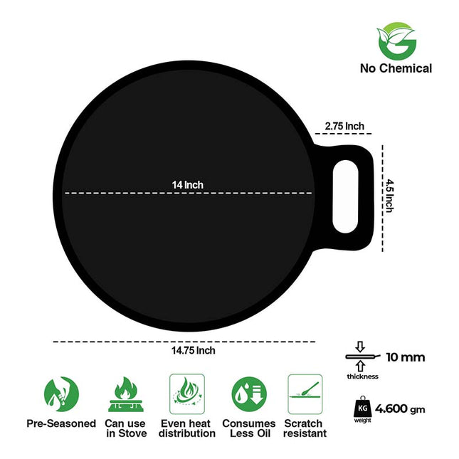 Pre-Seasoned Cast Iron Tawa Cookware with Flat Bottom (Black), Ready to Use, for Roti/Paratha/Dosa/Uttapam