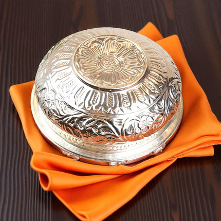 Silver-Coated Brass Uruli Bowl | Handcrafted Floral Design for Decor & Gifting