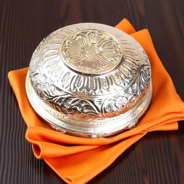 Silver-Coated Brass Uruli Bowl | Handcrafted Floral Design for Decor & Gifting