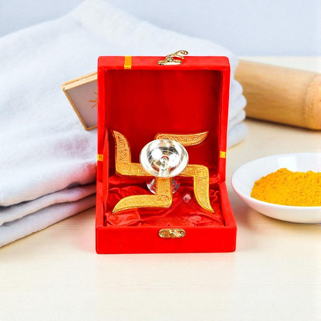 Premium Brass Swastik Diya for Pooja | Traditional Oil Lamp with Velvet Gift Box