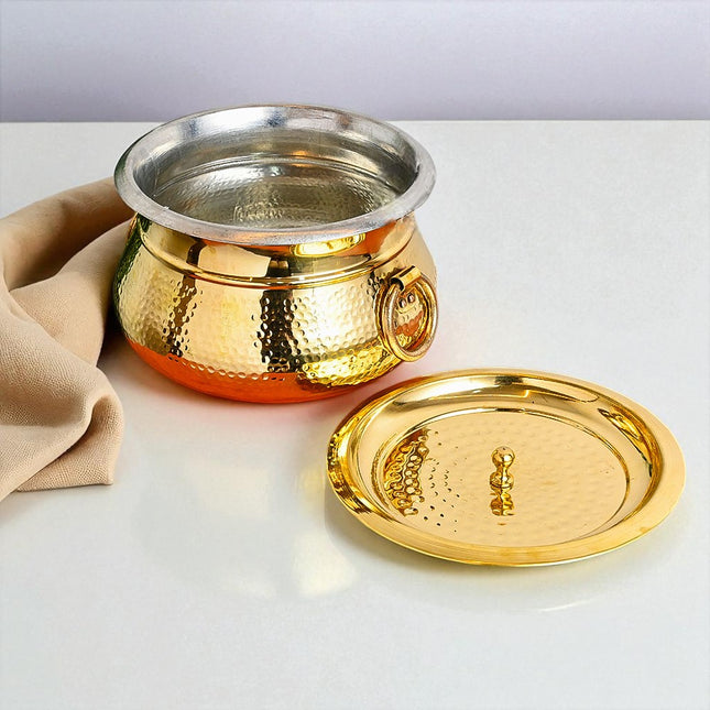 Pure Brass Handi / Degchi with Tin Lining – Royal Hammered Design Casserole with Lid