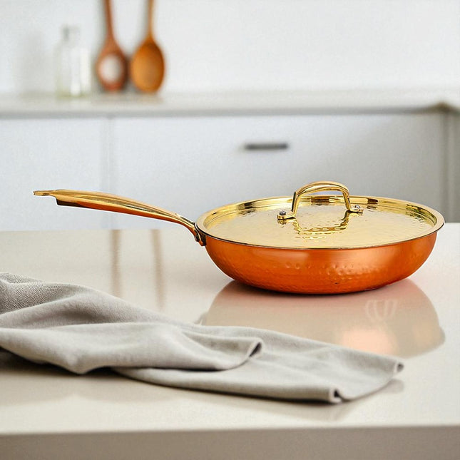 Handcrafted Pure Brass Polished Hammered Fry Pan with Lid | Traditional Kalai Cookware