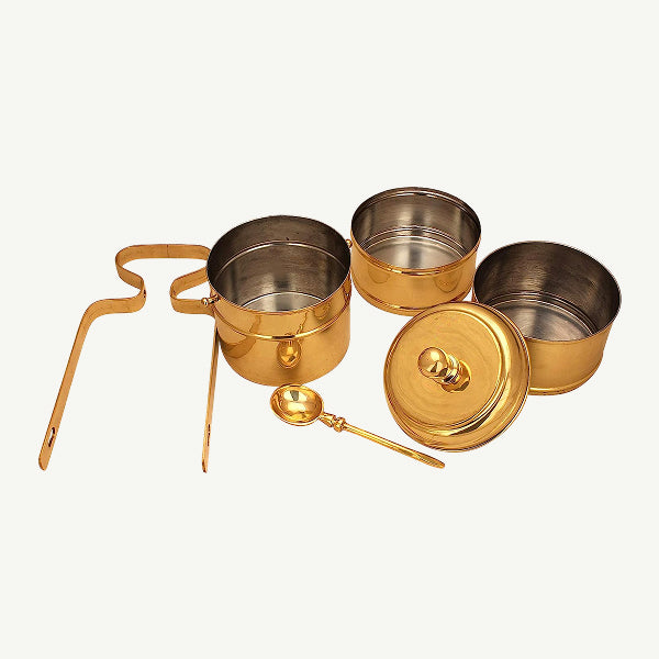 3 Tier Export Quality Brass Tiffin Box with Inner Food Grade Tin Lining and Spoon