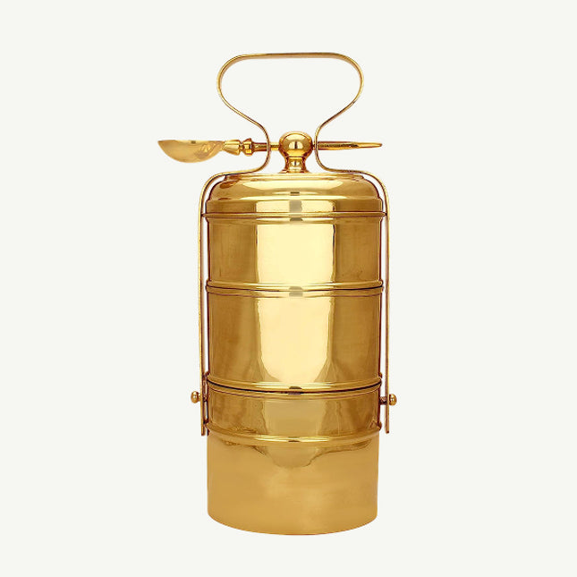 3 Tier Export Quality Brass Tiffin Box with Inner Food Grade Tin Lining and Spoon