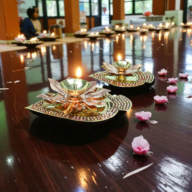 Handcrafted Brass Lotus Diya for Pooja | Traditional Akhand Deep with Golden Finish (Large & Small)