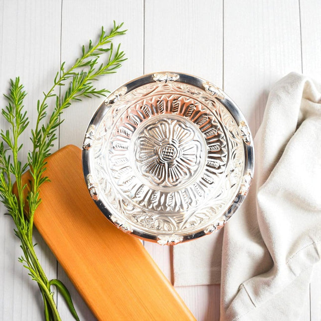Silver-Coated Brass Uruli Bowl | Handcrafted Floral Design for Decor & Gifting