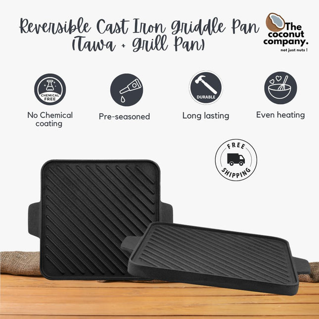 Pre-Seasoned Black Cast Iron Griddle Pan Reversible (Tawa + Grill Pan)-Black