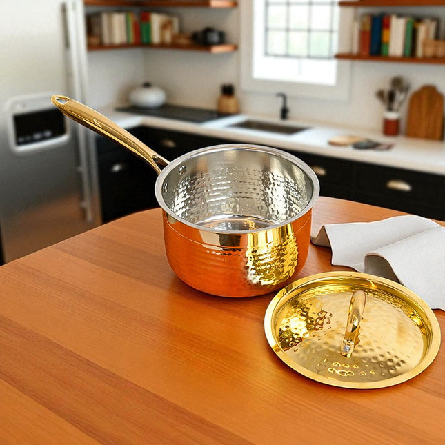Handcrafted Pure Brass Saucepan with Lid – 1.5 Litre | Traditional Kalai Cookware