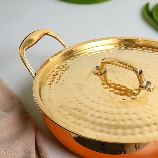 Handcrafted Pure Brass Hammered Kadai with Lid – 2 Litre | Traditional Kalai Cookware