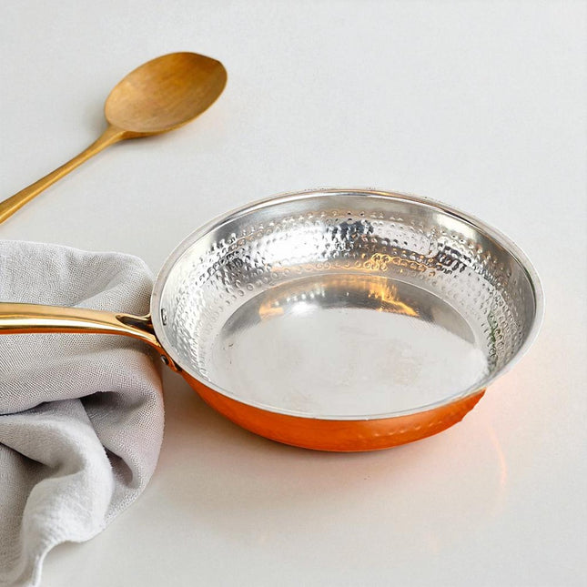 Handcrafted Pure Brass Polished Hammered Fry Pan with Lid | Traditional Kalai Cookware