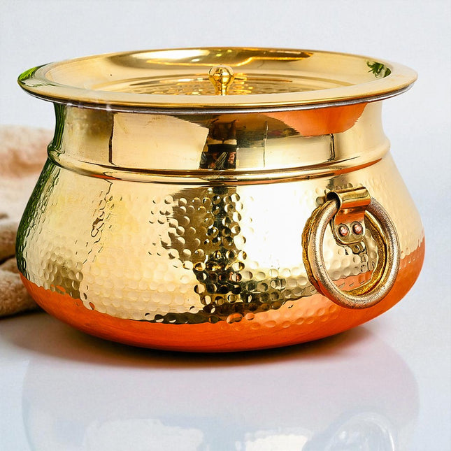 Pure Brass Handi / Degchi with Tin Lining – Royal Hammered Design Casserole with Lid