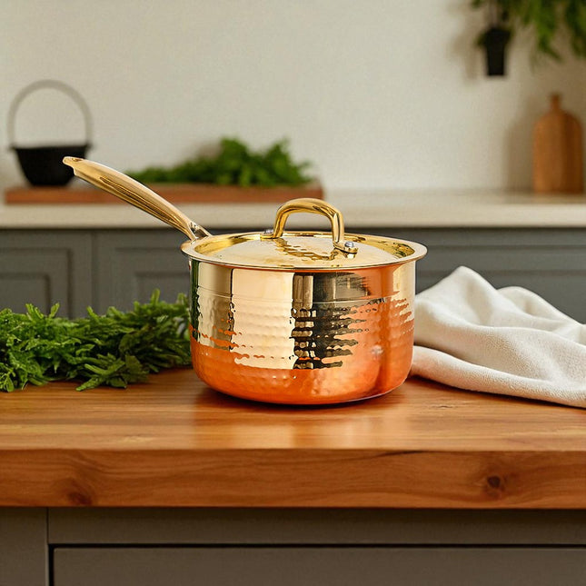Handcrafted Pure Brass Saucepan with Lid – 1.5 Litre | Traditional Kalai Cookware