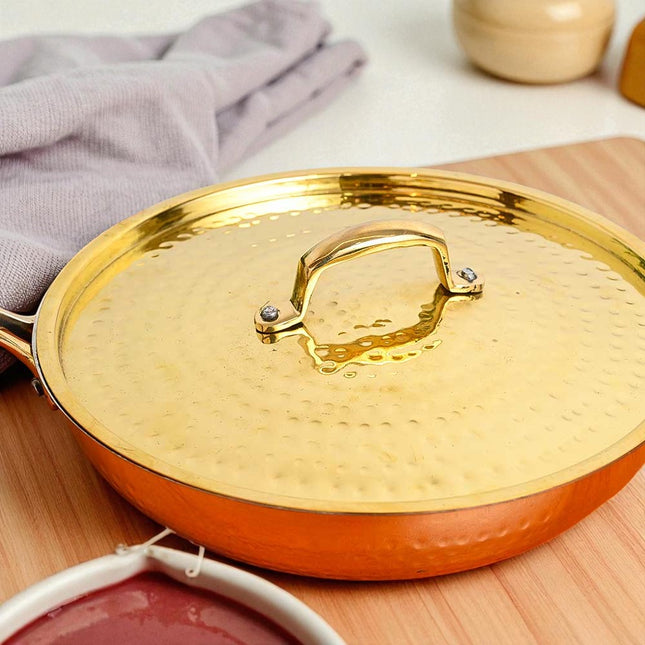 Handcrafted Pure Brass Polished Hammered Fry Pan with Lid | Traditional Kalai Cookware
