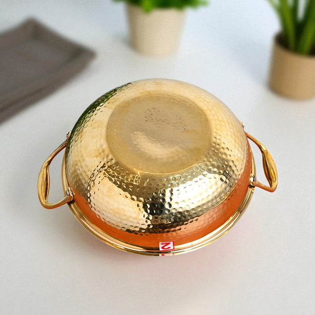 Handcrafted Pure Brass Hammered Kadai with Lid – 2 Litre | Traditional Kalai Cookware