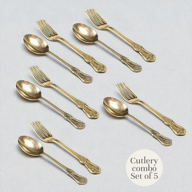 Luxury Golden Brass Cutlery Set of 5 – 5 Spoons & 5 Forks, Handcrafted Premium Dining Set