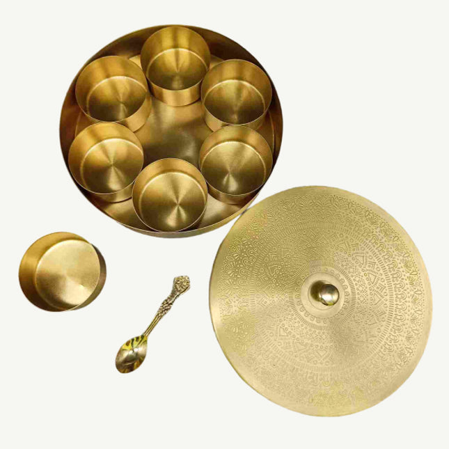 Pure Brass Etched Masala Box with Embossed Lid - Matt Finish