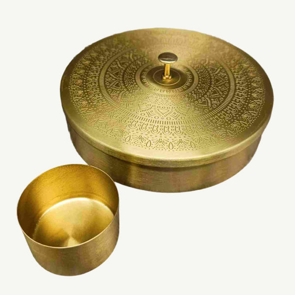 Pure Brass Etched Masala Box with Embossed Lid - Matt Finish