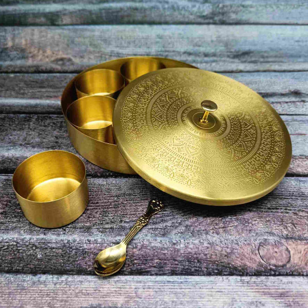 Pure Brass Etched Masala Box with Embossed Lid - Matt Finish