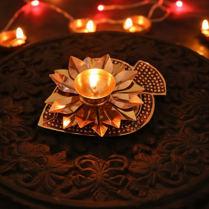 Handcrafted Brass Lotus Diya for Pooja | Traditional Akhand Deep with Golden Finish (Large & Small)